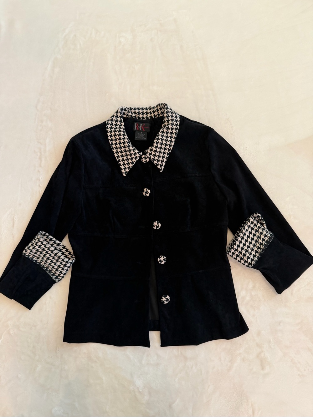 R&K Originals Black Houndstooth Suede Jacket Blazer Size 8 Vintage